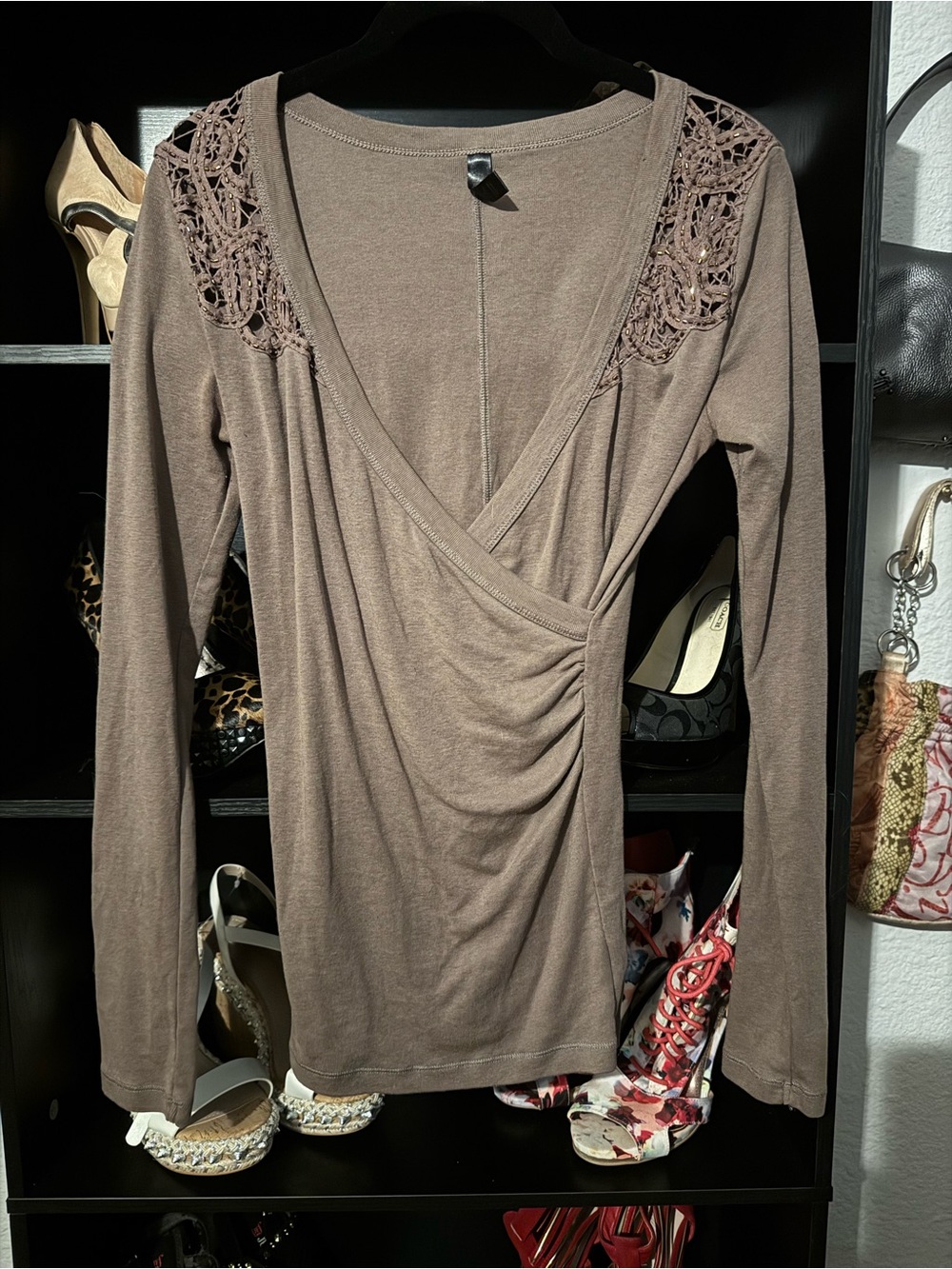 Taupe Lace-Shoulder Surplice Long Sleeve Top